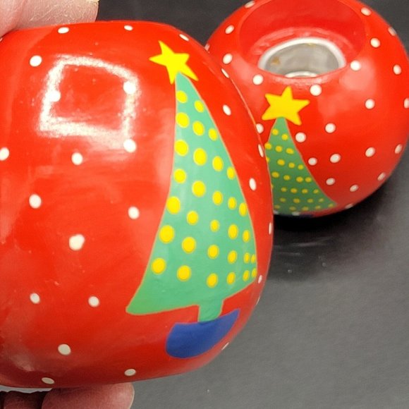 Wooden Christmas Tree Handpainted 2.5" X 2.5" Votive Candleholder Pair - Picture 2 of 10